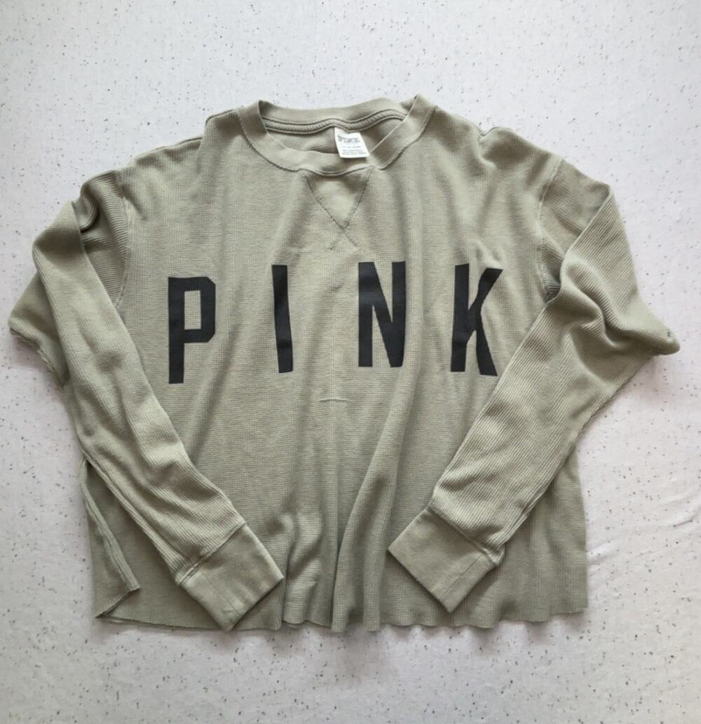 Victoria's Secret PINK Waffle Knit Thermal Top Olive Sage Green Logo Shirt S